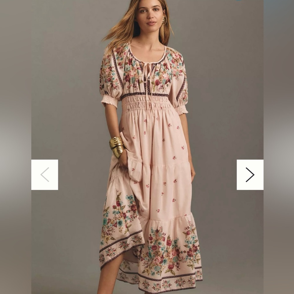 Anthropologie Pink Floral Maxi Dress Puff Sleeve